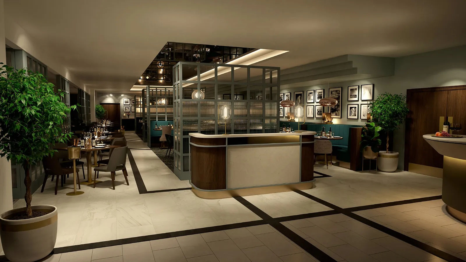 Restaurant dining room fitted out with bespoke joinery, Corian surfaces and feature lighting