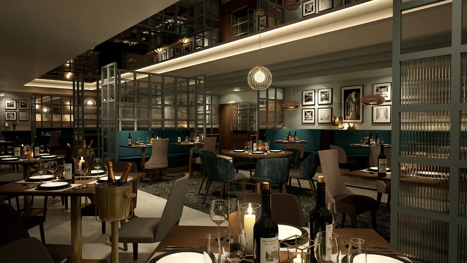 Crow Wood Hotel, restaurant booths and gallery walls