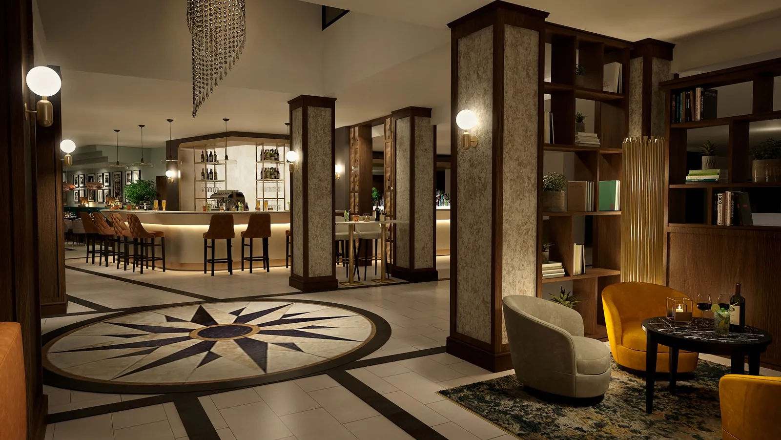 Crow Wood Hotel, lounge with compass floor inlay