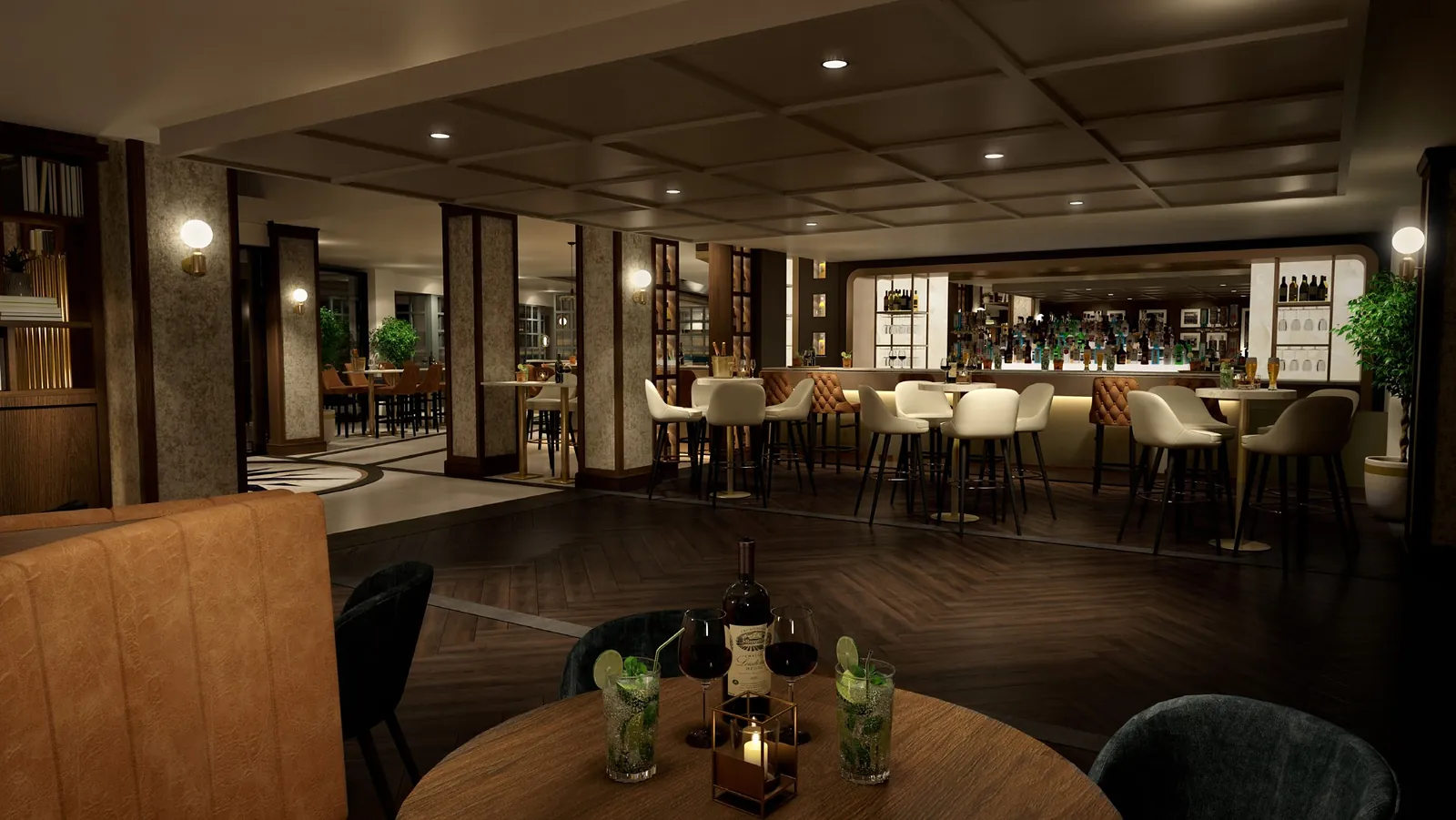 Crow Wood Hotel, grand bar and herringbone floor