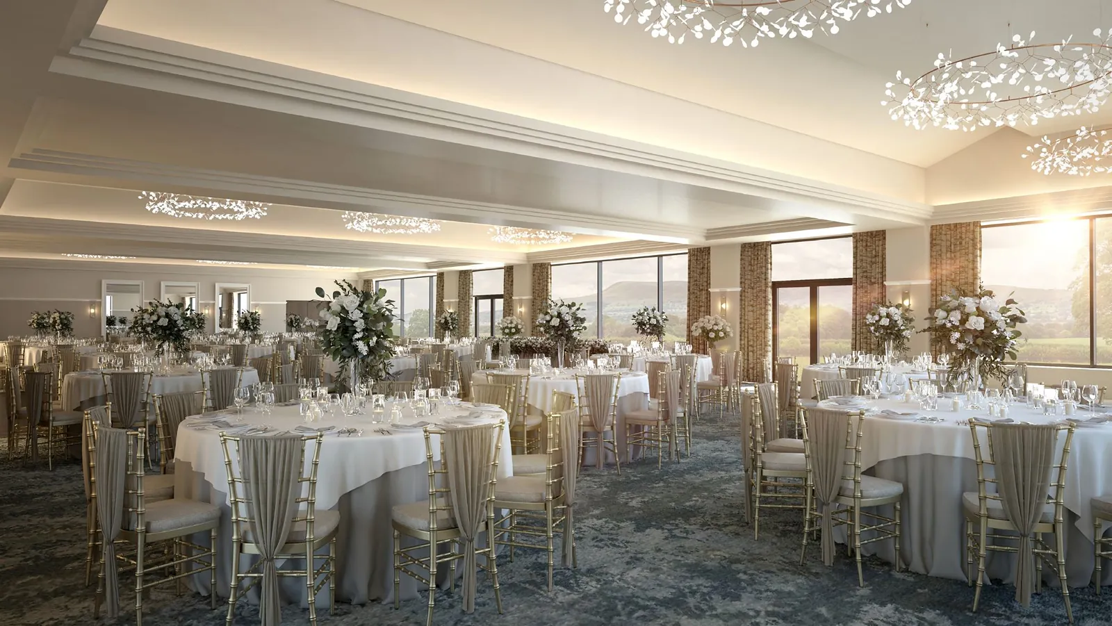 Event ballroom with ceiling detailing and feature lighting